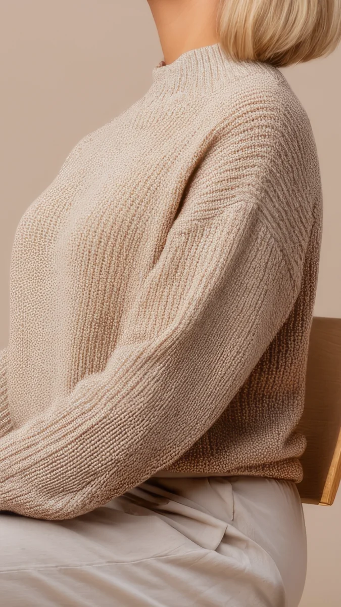 Frau in beigem Strickpullover sitzt entspannt aufrecht, Kopf leicht zurückgelehnt und Augen geschlossen.